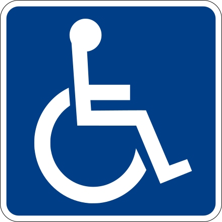 An icon with a white wheelchair on a blue background.