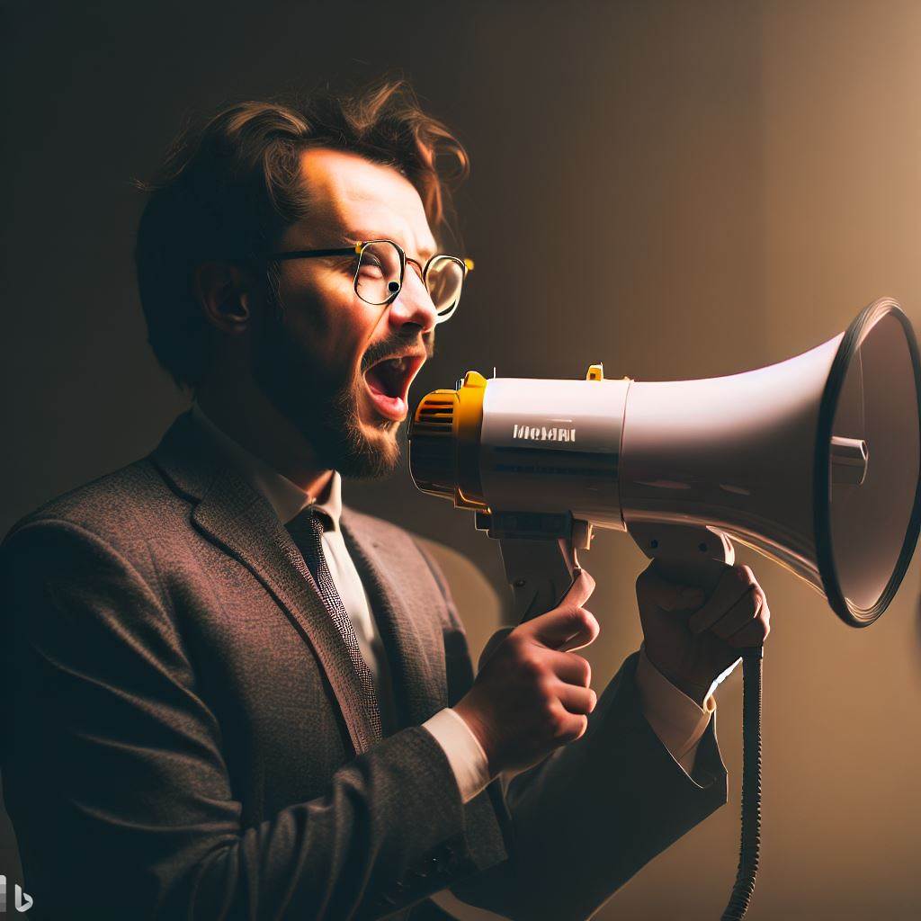 A man in glasses speaks into a megaphone.