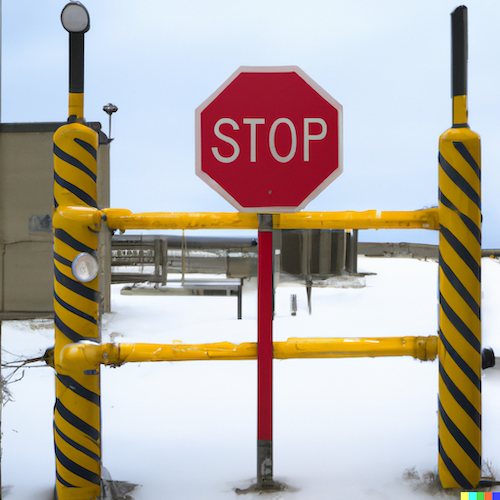 A yellow fence with a stop sign in front of it.