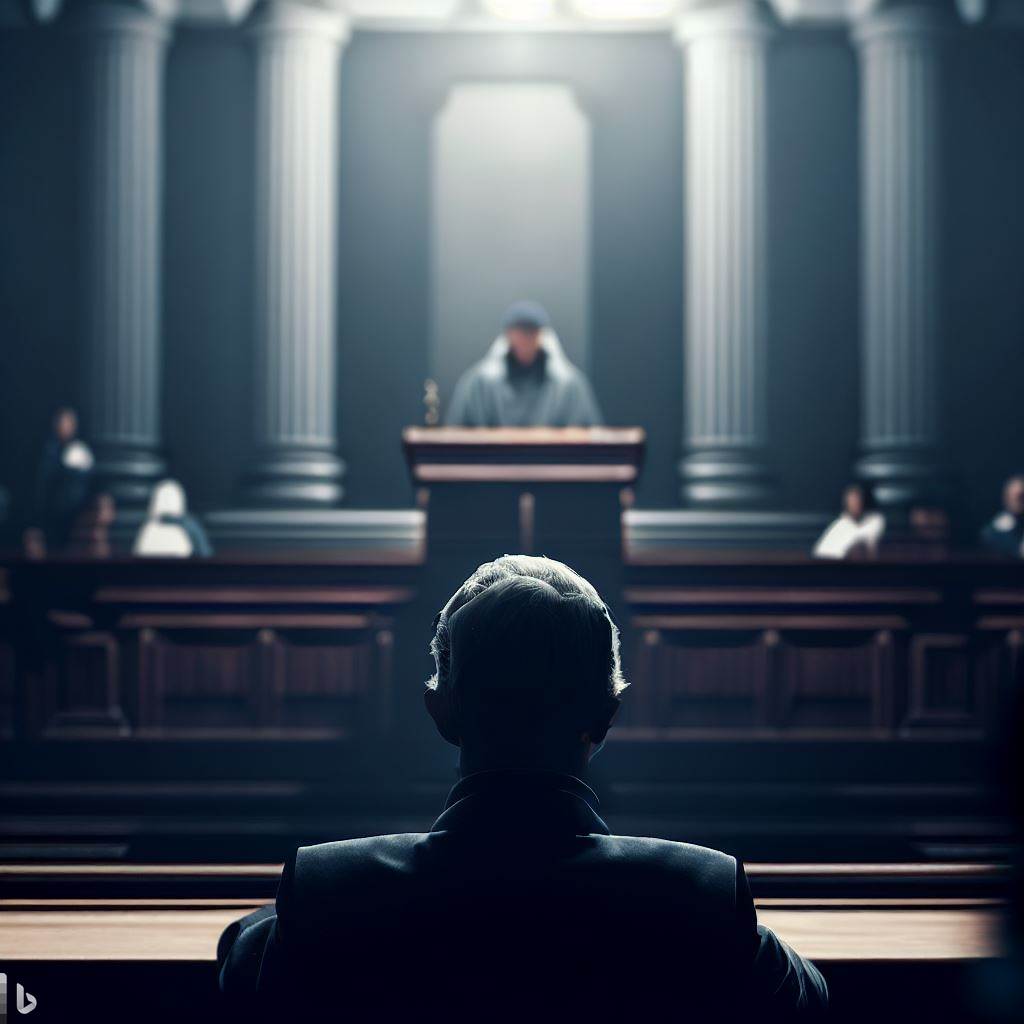 A person sits at a desk in a courtroom. In the background, there is a court building.